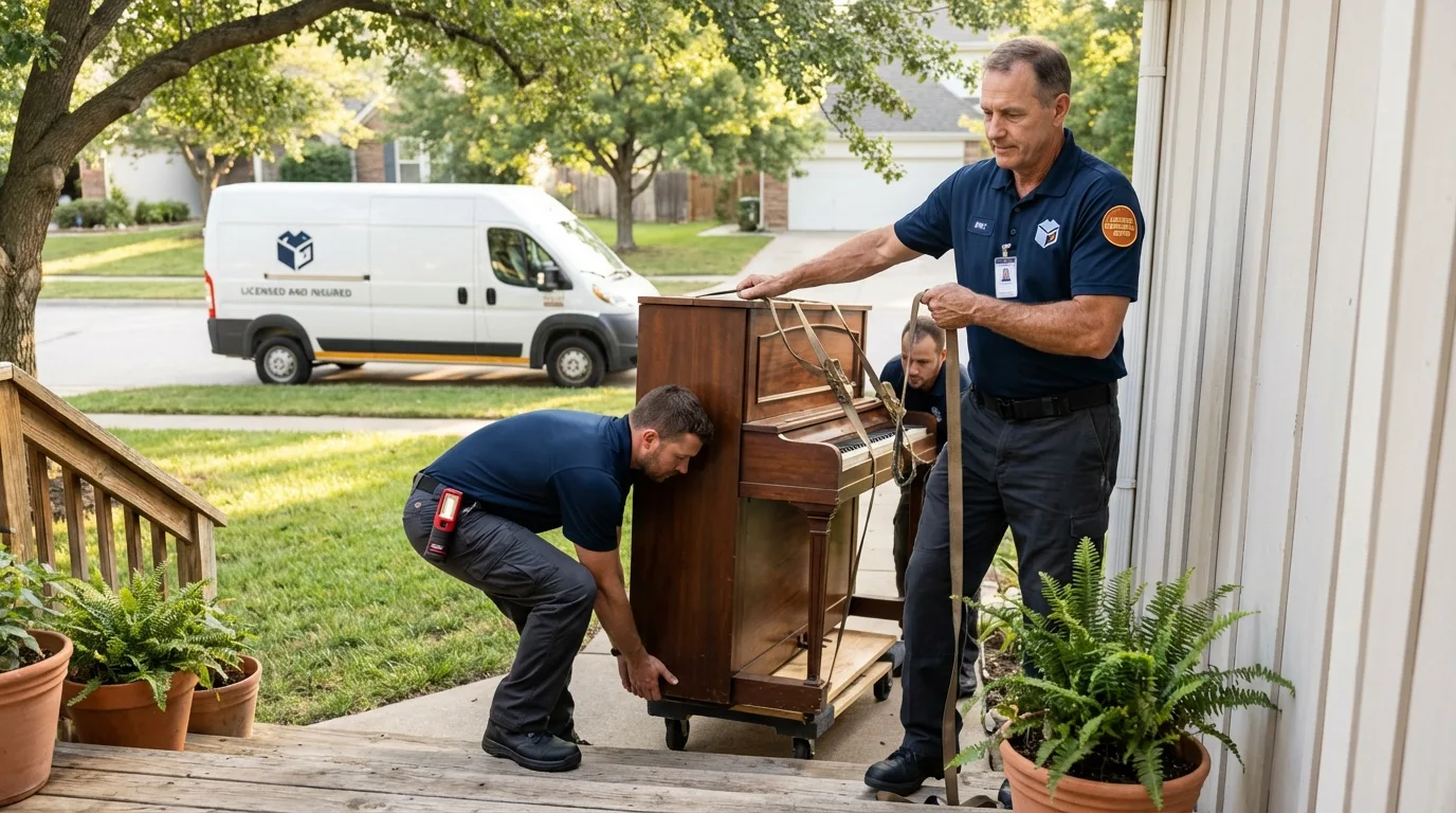 Licensed piano movers securing grand piano in Amherst, MA