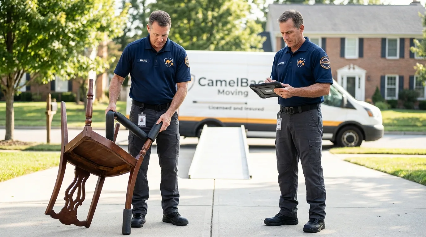 Movers inspecting furniture for damage prevention before loading in Amherst, MA