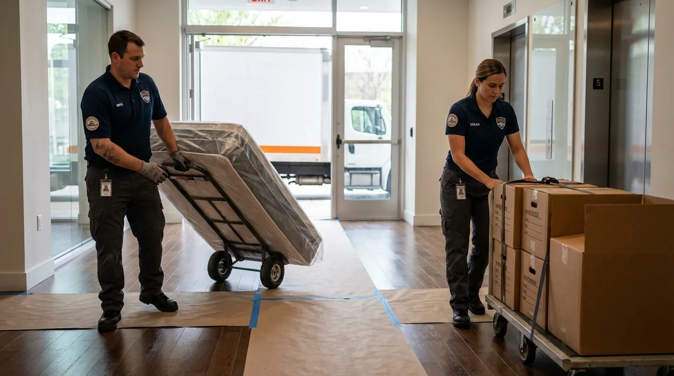 Professional apartment movers loading elevator in Amherst, MA