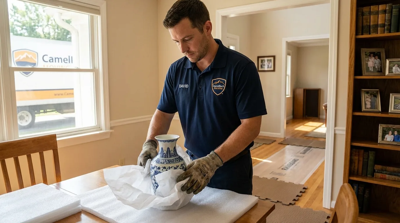 Professional crew carefully wrapping antique vase for senior downsizing move in Amherst, MA